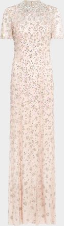 Jenny Packham Orchid Crystal Short-Sleeve Column Gown
