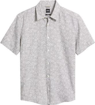 BOSS Roan Short Sleeve Stretch Linen Button-Up Shirt in Dark Brown at Nordstrom, Size Xx-Large
