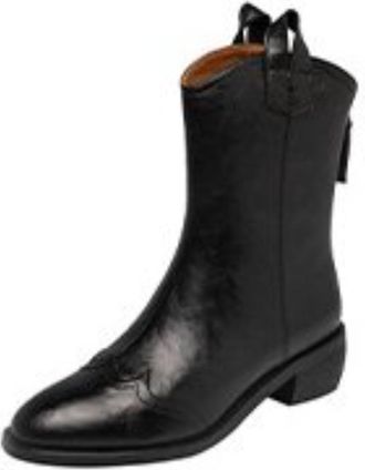 Generic Womens Retro Pointed Closed Toe PU Leather Mid-Calf Boots Low Chunky Block Heels Side Zipper Pull Tab Soft Lining Cushioned Insole Durable Outsole,Bla