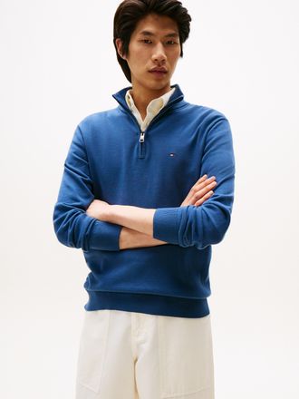 Tommy Hilfiger Troyer TOMMY HILFIGER ESSENTIAL COTTON ZIP MOCK, Herren, Gr. XL, blau (aegean sea), Strick, Obermaterial: 100% Baumwolle, Pullover Troyer