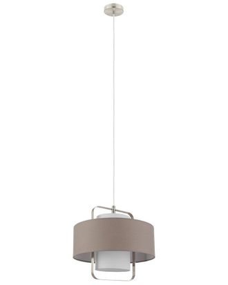 Eglo Eglo Fontao 1 Light Pendant With Matte Nickel Finish & Taupe With White Interior Shade Surrounding A White Fabric Shade