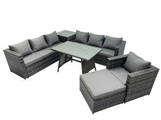 Fimous Garden Rattan Furniture Set 8 Seater with Side Table Big Stool in Dark Grey