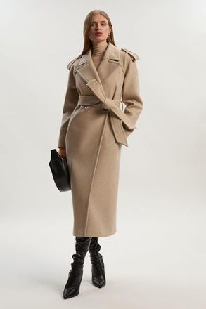 Karen Millen Wool Tailored Belted Midi Coat in Oatmeal at Nordstrom, Size 10