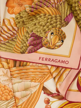 Ferragamo Parrot and Gancini Print Silk Scarf - Orange
