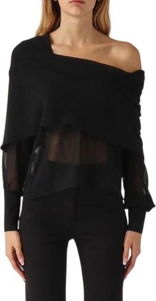 Pinko Long Sleeve Tops, female, Black, Size: M Fluid Line Black Shirt with Wide Collar