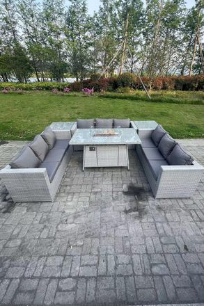 Fimous Light Grey U Shape Lounge Sofa Dining Set With Gas Heater Firepit Burner Side Coffee Tea Table
