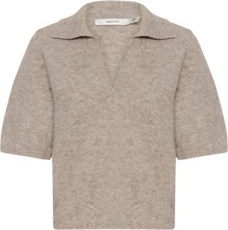 Gestuz Zachte Gebreide Polo Pullover Warm Zand - Dames - V-hals truien - Beige - XL - Polyester - Truien & Vesten