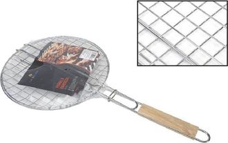 Trade Shop Trade Shop - Griglia Rotonda Barbecue Doppia Grill Manico Legno Grigliata Arrosto Pesce 31,5cm