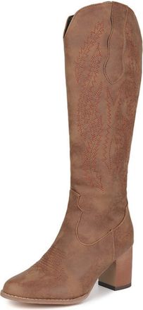 Generic Womens Pointed Toe Western Cowboy Boot Chunky High Heel Long Boots with Embroidery Stitched PU Leather Knee High Boots with Zipper,Brown,4.5 UK