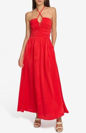 DKNY Ruched Halter Satin Maxi Dress in Flame at Nordstrom, Size X-Large