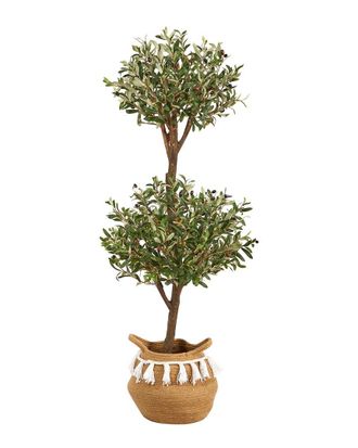 Nearly Natural 4.5Ft Artificial Olive Double Topiary Tree With Handmade Tassel Basket