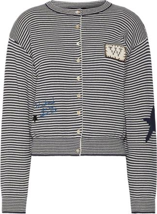 Weekend Cropped Knit Cardigan with Horizontal Stripes and Decorative Accents