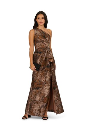 Adrianna Papell Womens One Shoulder Jacquard Gown - Brown - Size 14 UK