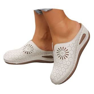 Generic Womens Platform Mules PU Slip on Memory Foam Non-Slip Lightweight Closed Toe Clogs Slippers Shoes Platform Clogs Round Closed Toe Sandals Beige