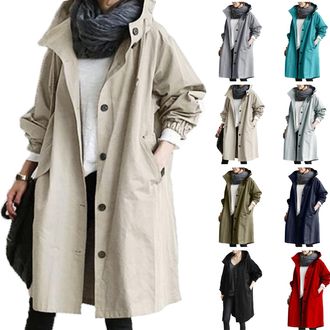 Generic Womens Waterproof Jackets Lightweight Waterproof Jacket Wind proof Buttons Hooded Raincoat Fashion Long Sleeve Windbreaker Outdoor Trench Jackets Over