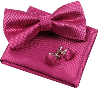 Alizeal Solid Pre-tied Bow Tie Cufflinks Hanky Set for Men Neck Wear, Magenta