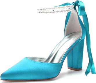 Generic Bridal Shoes Womens Pointy Toe Wedding Shoes Chunky Block Heels Satin Ankle Strap Prom Bridal Evening Party High Heels Shoes 9Cm,Blue Green,10 UK