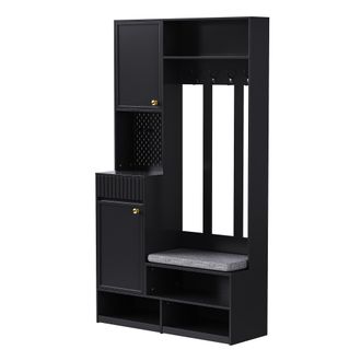 STILVORA Mueble De Entrada Con Banco Acolchado, 4 Ganchos, Puertas Y 2 Cajones Con Gu&iacute;as, En Mdf, Negro, 100&times;35&times;180 Cm