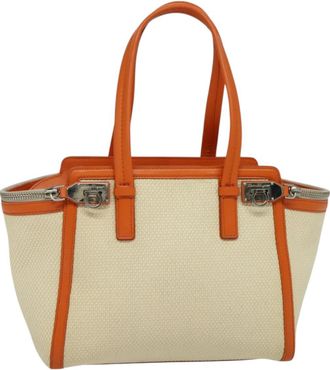 Ferragamo Gancini Beige Canvas Tote Bag (Pre-Owned)