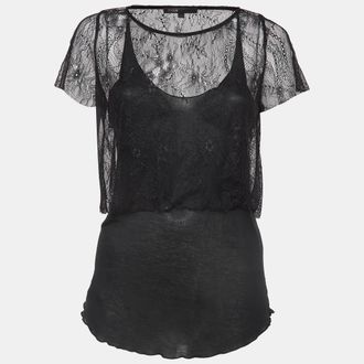 Maje Black Patterned Lace And Knit Layered Top