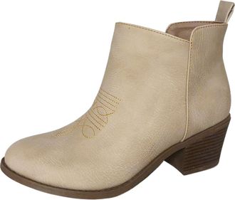 Generic Winter Western Embroidered Ankle Boots for Women with Thick Mid Heel and Convenient Side Zipper Design for Stylish Comfortable Wear (White, 4. 5)