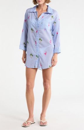 Boho Me Stripe Cotton Cover-Up Shirt in Blue Stripe Flamingo at Nordstrom Rack, Size X-Large