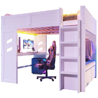 STILVORA Cama Alta 140 X 200 Cm Con Escritorio, Led, Usb, Tipo-c Y 2 Cajones, Sin Colch&oacute;n, De Madera, Blanco