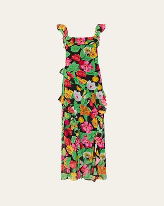 Milly Tulip Rosette Floral-Print Ruffle Maxi Dress