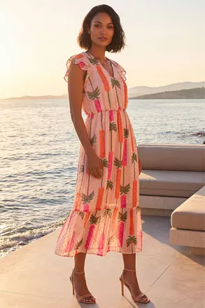 DUSK Womens Palm Shimmer Frill Maxi Dress - Pink - Size 16 UK