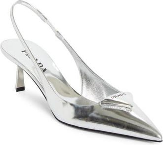 Prada Modellerie Pointed Toe Metallic Kitten Heel Slingback Pump in Argento at Nordstrom, Size 10.5Us