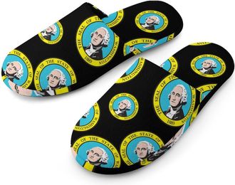 Generic U.S.A Washington State Logo Flannel Mens Slip-on Slippers Winter Warm House Shoes with Rubber Sole for Home Hotel