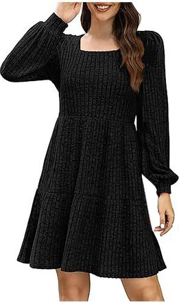 Generic Jumper Dress for Women UK Clearance Long Sleeve Square Neck Winter Dress Casual Loose Plain Knitted Swing Dress Elegant Pullover Sweater Dress Ladies 