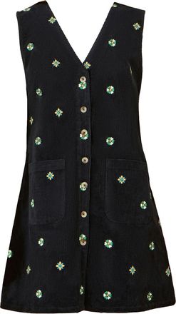 Yumi Black Flower Embroidered Button Up Pinafore Dress (UK, Numeric, 14, Regular, Regular, Black)