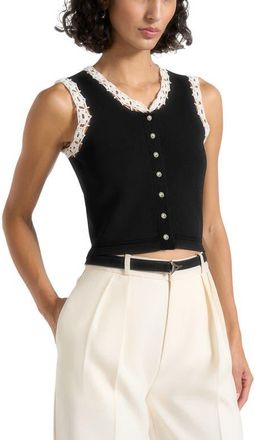 Mani&egrave;re De Voir Evelyn Crochet Frill Crop Top in Black at Nordstrom, Size X-Large