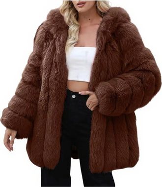 Generic Womens Faux Fur Coat Winter Warm Overcoat Thermal Long Sleeve Fleece Jacket Plush Outdoor Open Front Cardigans Ladies Bodywarmer Elegant Furry Coat Wi