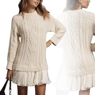 Generic 2025 Womens Cable Knit Sweater Dress Crewneck Patchwork Pleated Dresses Style Long Sleeve Mini Dress (Off-White,L)