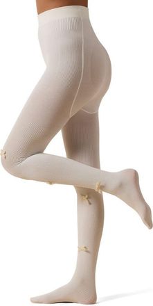 MeMoi Velvet Bow Rib Cotton Tights in Ivory at Nordstrom, Size Medium