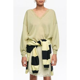 Bimba & Lola Short Sweater In Cotton Linen and Lace in Light Green at Nordstrom, Size Xx-Small Eu