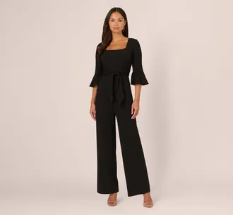 Adrianna Papell Knit Crepe Wide Leg Jumpsuit With Bell Sleeves In Black