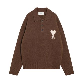 Ami Round-neck Knitwear, male, Brown, L, Ami de Coeur Crewneck Jumper