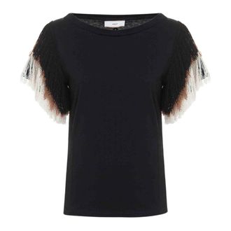 Akep T-Shirts, female, Black, Size: S Fringed Sleeve T-shirt