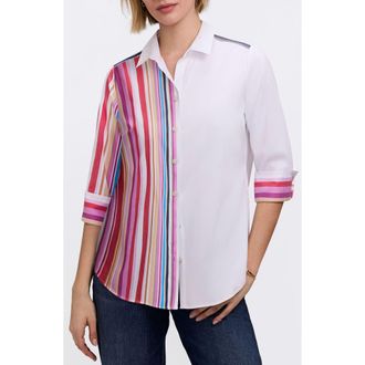 Foxcroft Charlie Colorful Mixed Stripe Button-Up Shirt in Pink/Multi at Nordstrom, Size 10