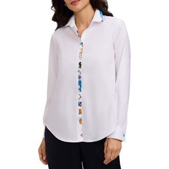 Foxcroft Charlie Floral Trim Cotton Blend Button-Up Shirt in White at Nordstrom, Size 14