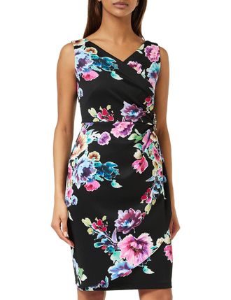 Gina Bacconi Printed Sheath Dress with Beaded Trim, Black/Multi, 10