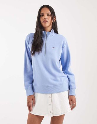 GANT Maglione in cotone azzurro con zip corta-Blu