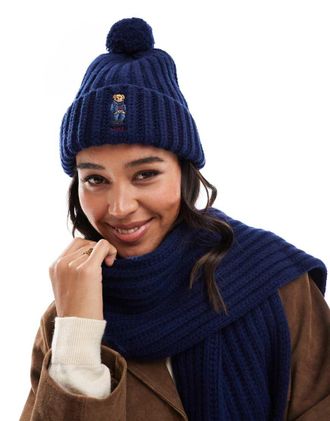 Polo Ralph Lauren Berretto in maglia con pompon blu navy con logo dellorsetto