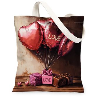 Generic Valentines Day Heart Balloon Canvas Tote Bags, Cute Love Gift Pattern Reusable Grocery Bags, Lightweight Washable Shoulder Strap Canvas for Shopping O