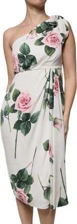 Dolce & Gabbana White Floral Silk One Shoulder Midi Womens Dress