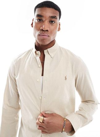 Polo Ralph Lauren Camicia slim in popeline beige e bianca a quadri con logo-Neutro