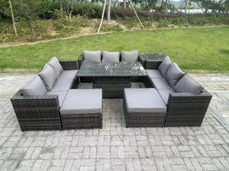 Fimous 11 Seater Outdoor Rattan Garden Furniture Sofa Set Patio Adjustable Rising Lifting Dining Table Set in Dark Grey